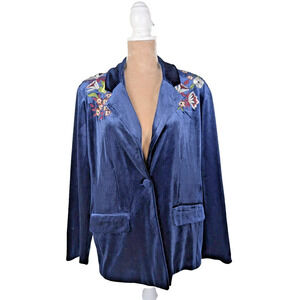 Colleen Lopez Blue Velvet Embroidered Flower Blazer Jacket Size 1X